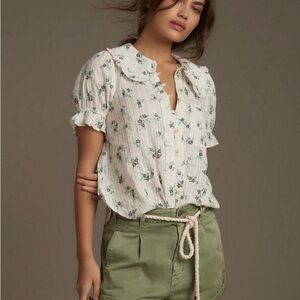 Pilcro Cream and Green Floral Cotton Blouse